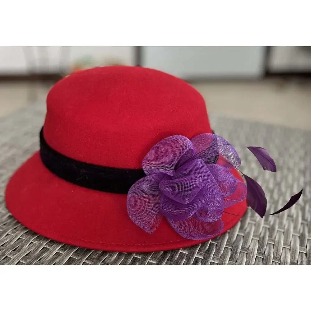 Jenny Buchanan 100% Wool Red Hat Society Purple Velvet Bow Feathers Brim EUC